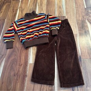 Vintage 1970s Health-tex Toddler Set, Rainbow Stripe Top/Brown Velour Pants 3T